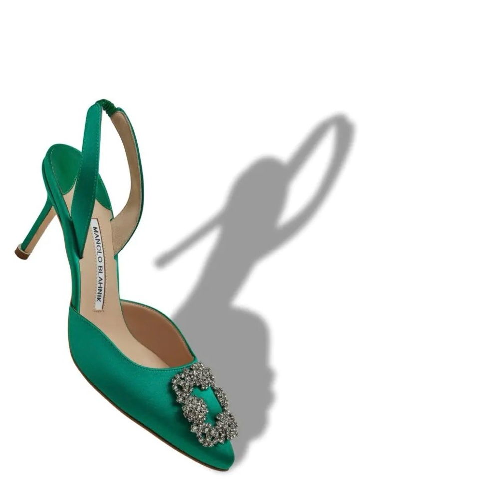 Manolo Blahnik Green Satin Slingback Hangisli Heels